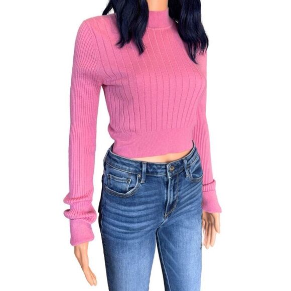 TOME Pink Ribbed Mock Neck Merino Wool Blend Crop Sweater - Picture 2 of 7